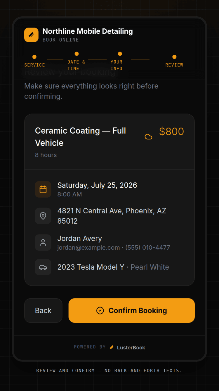 The review-and-confirm step of the client booking flow